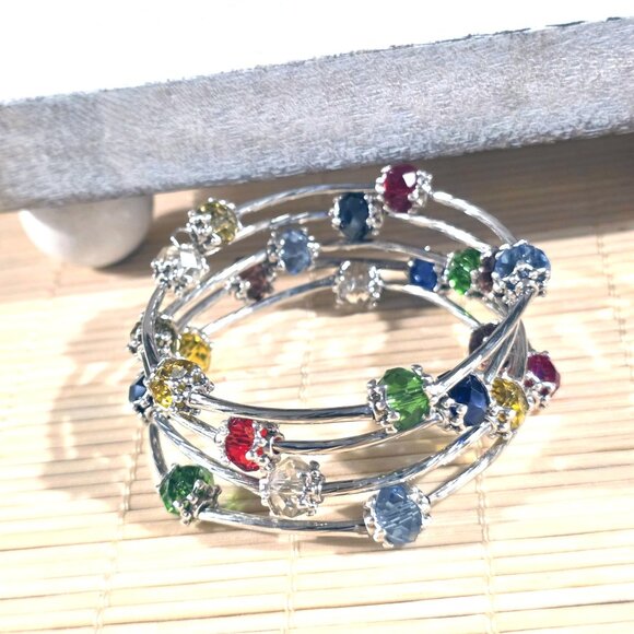 Handcrafted Crystal Wrap Bracelet With Multicolor Faceted Beads - Picture 5 of 7